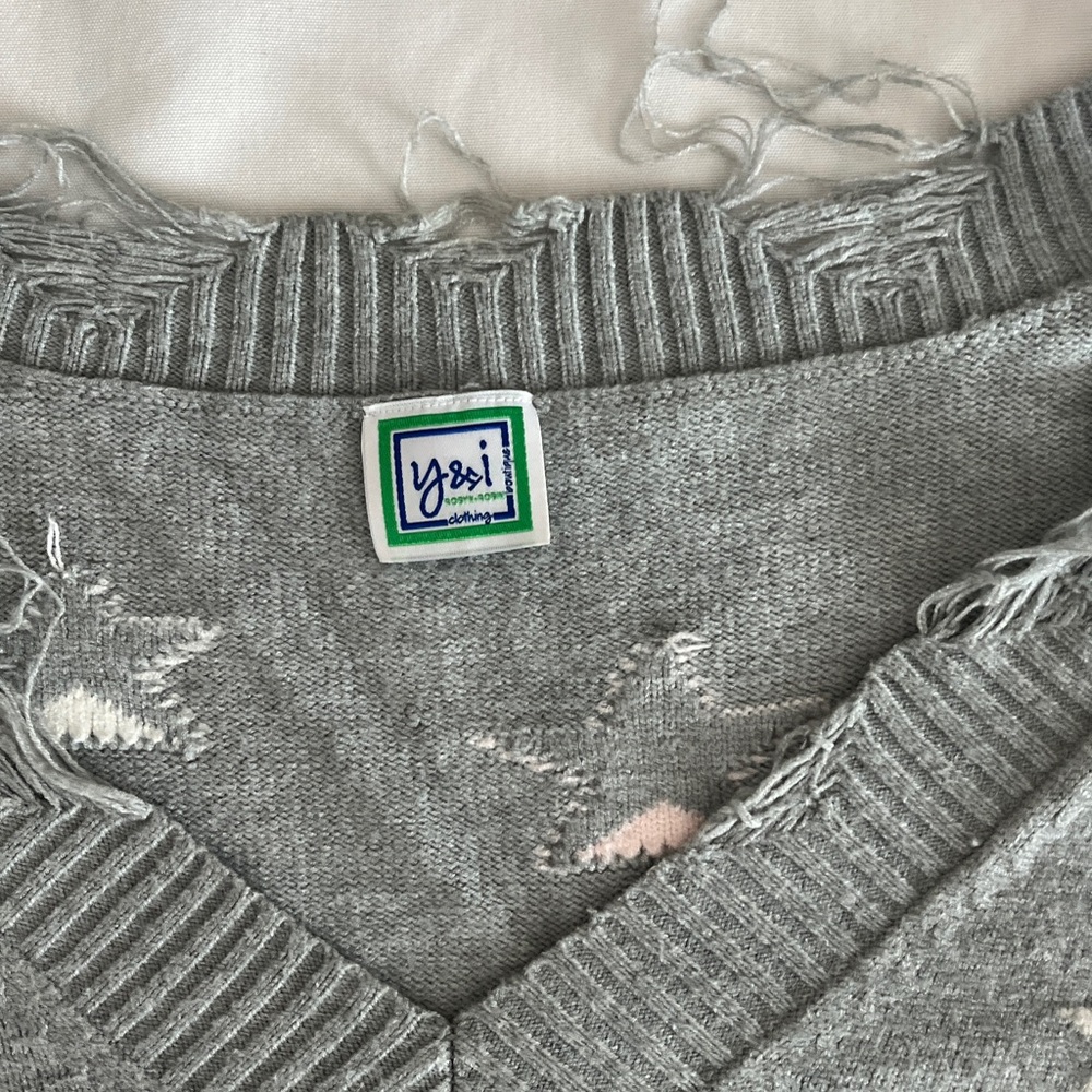 Gray Star Patterned Distressed Sweater - image 4